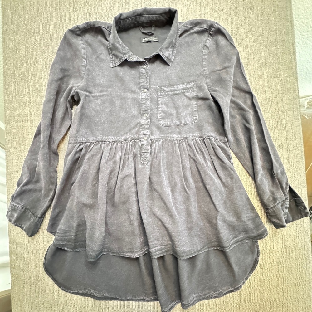 Zara Woman Premium Denim Lyocell Babydoll Tunic Top Black Acid Wash XS